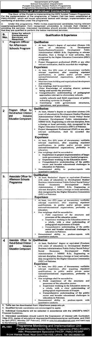 Jobs in Punjab School Education Department – Govt of Punjab Jobs 2022 — original advertisement