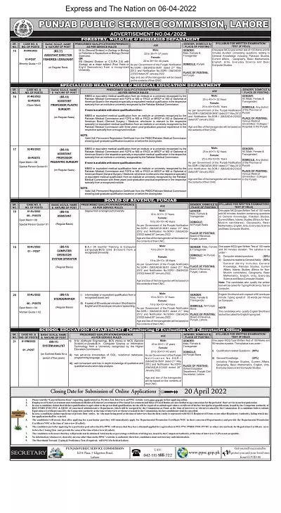 Punjab Public Service Commission Jobs 4/2022 – Punjab Public Service Commission Lahore Jobs 2022 — original advertisement