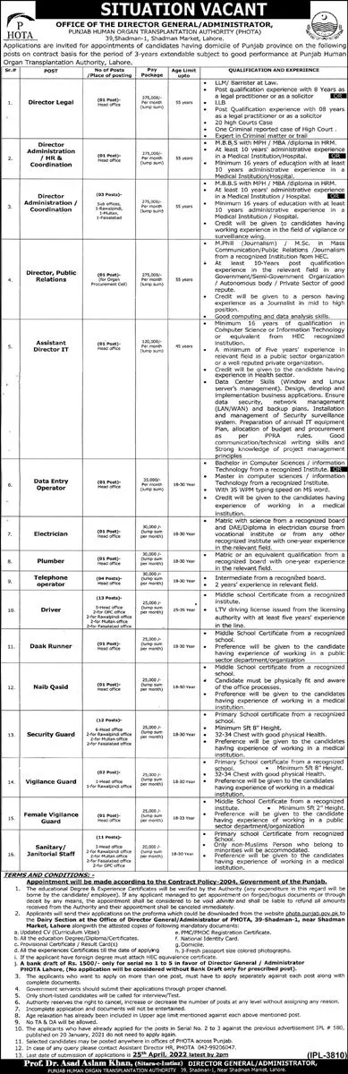 Punjab Human Organ Transplantation Authority Jobs Jobs 2022 — original advertisement