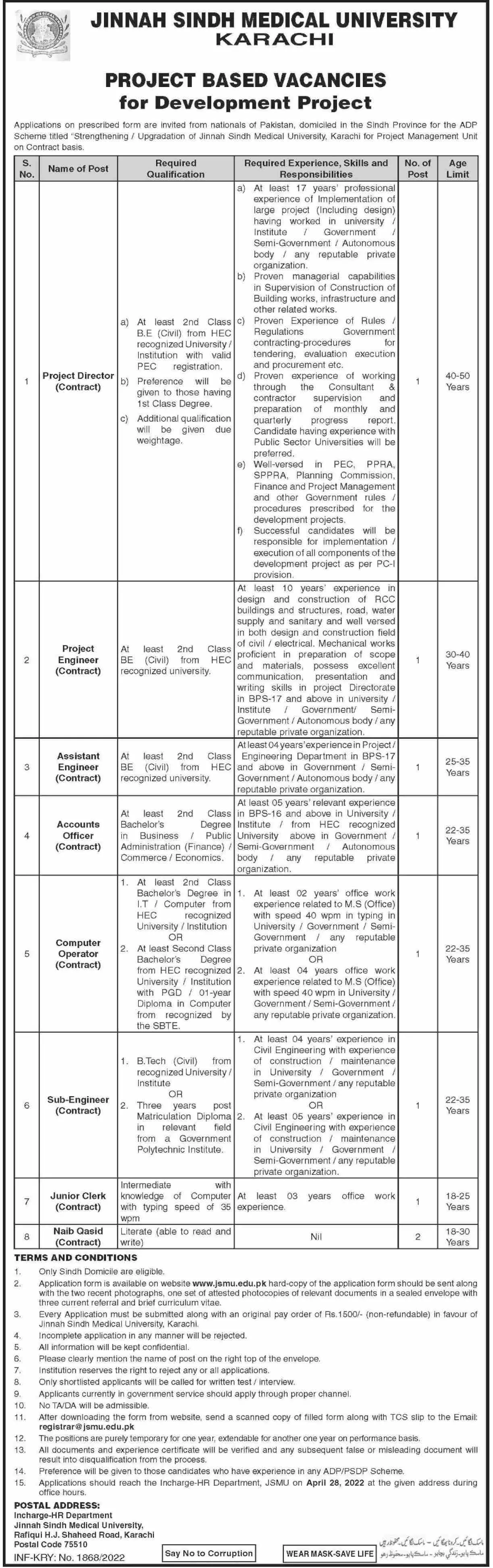 Jobs In Jinnah Sindh Medical University Karachi Jobs 2022 — original advertisement