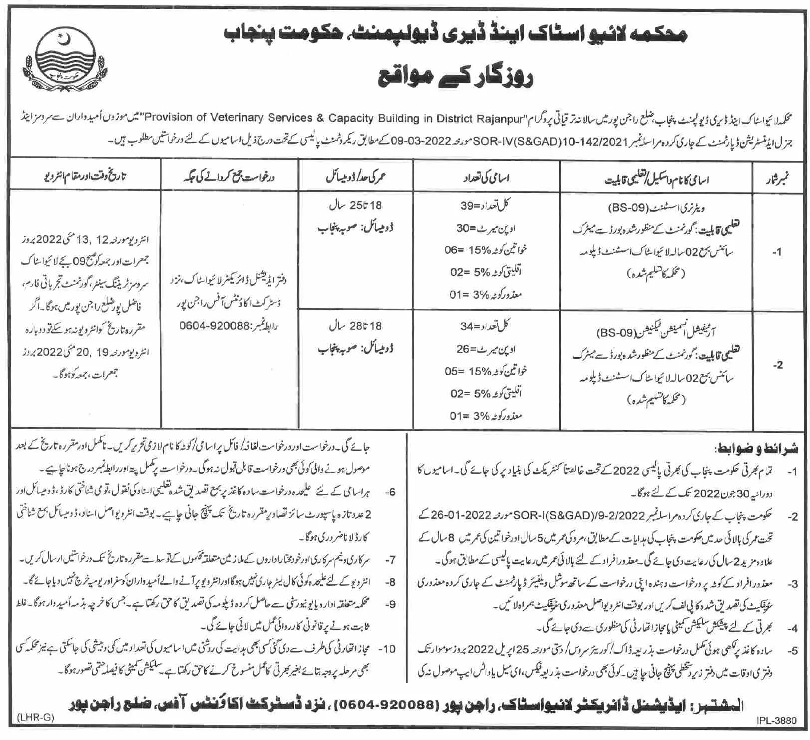 Jobs In Livestock & Dairy Development Department Punjab – Livestock and Dairy Development Department Punjab Jobs 2022 — original advertisement