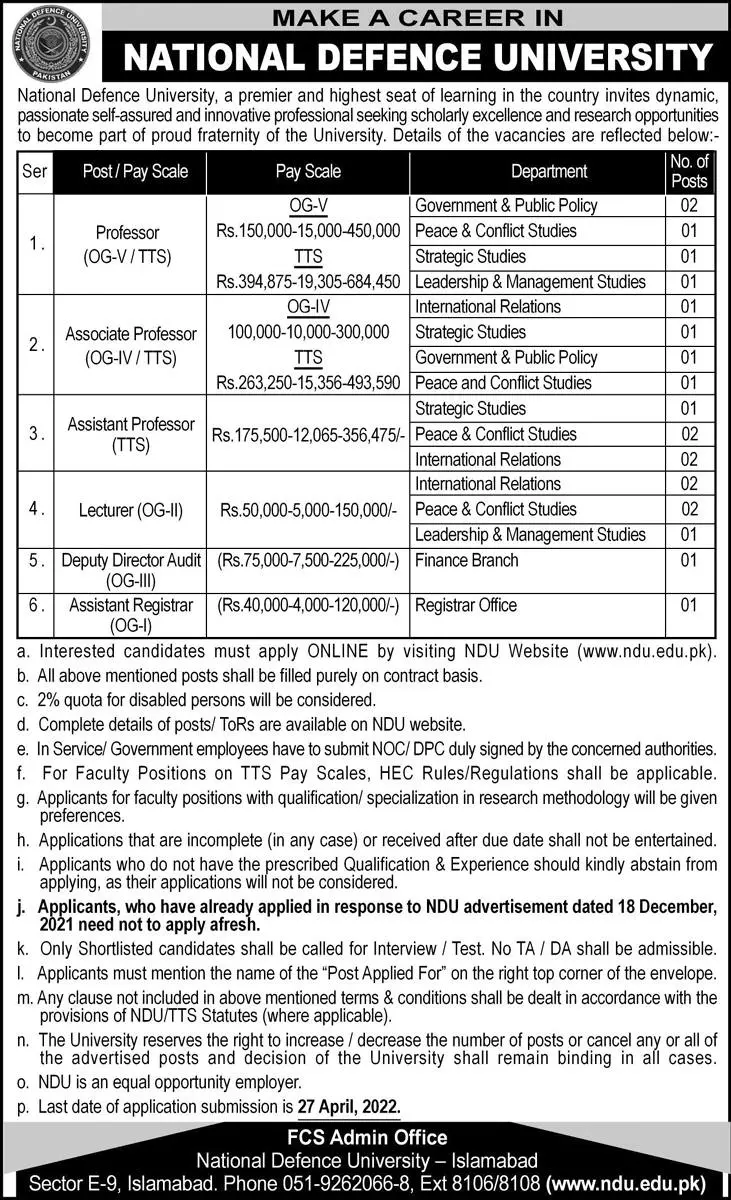 Jobs In National Defence University Islamabad – National Defence University, Pakistan Jobs 2022 — original advertisement