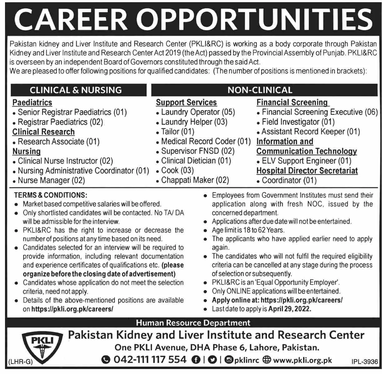 Pakistan Kidney And Liver Institute & Research Center Jobs – Pakistan Kidney And Liver Institute (PKLI) And Research Centre Lahore Jobs 2022 — original advertisement