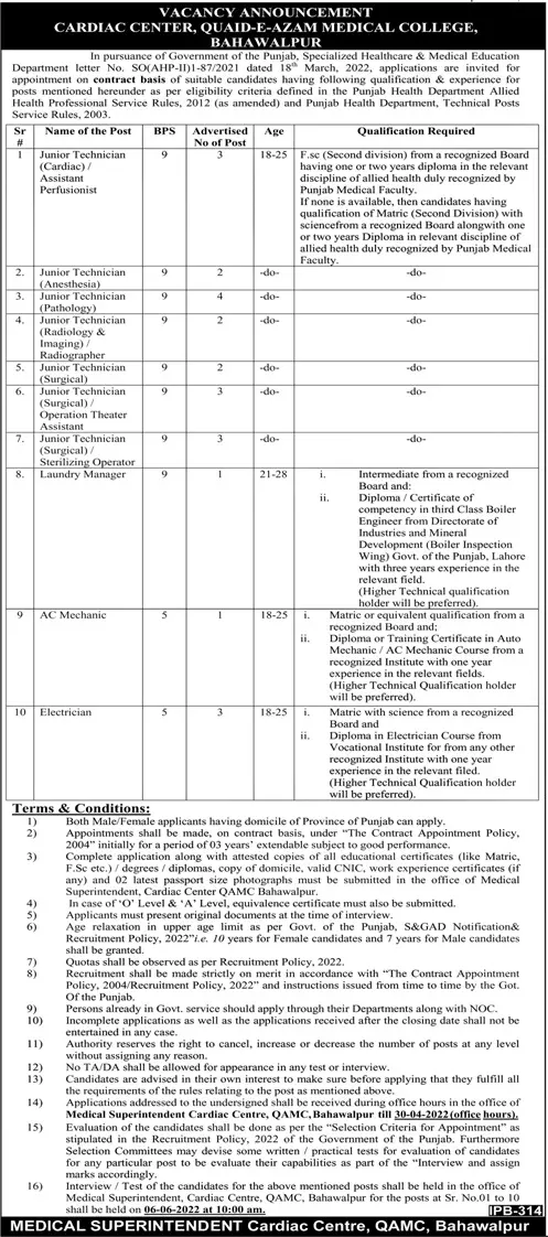 Jobs In Quaid-e-Azam Medical College Bahawalpur Jobs 2022 — original advertisement
