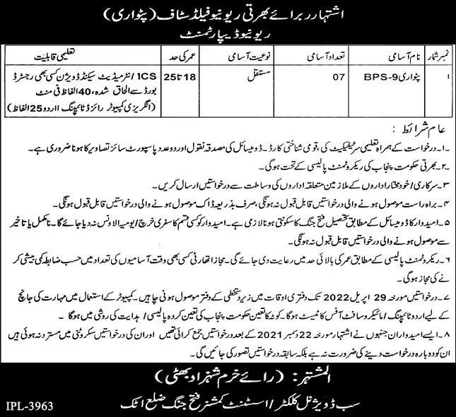 Revenue Department Jobs 2022 – Revenue Department Punjab Jobs 2022 — original advertisement