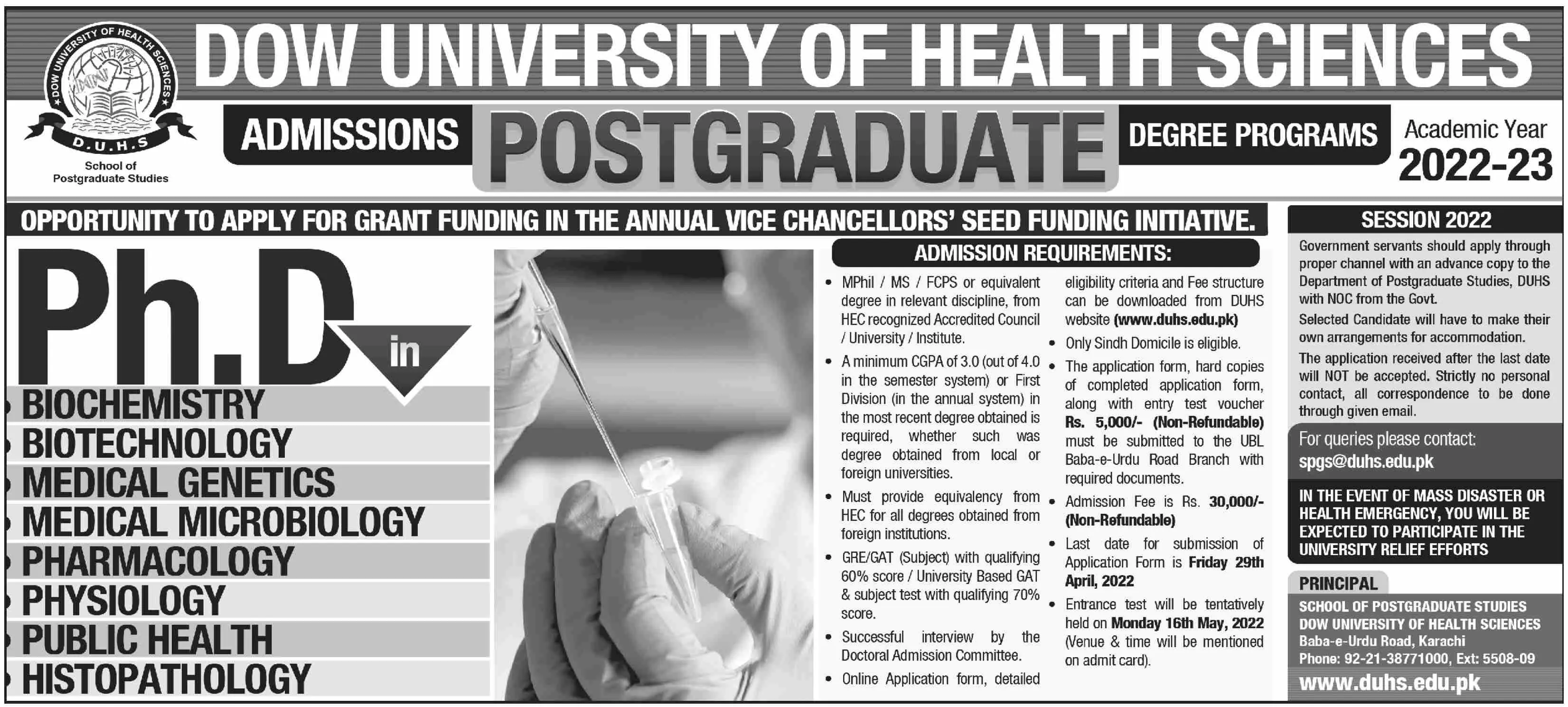 Admissions In Dow University of Health Sciences Karachi Admissions 2022 — original advertisement