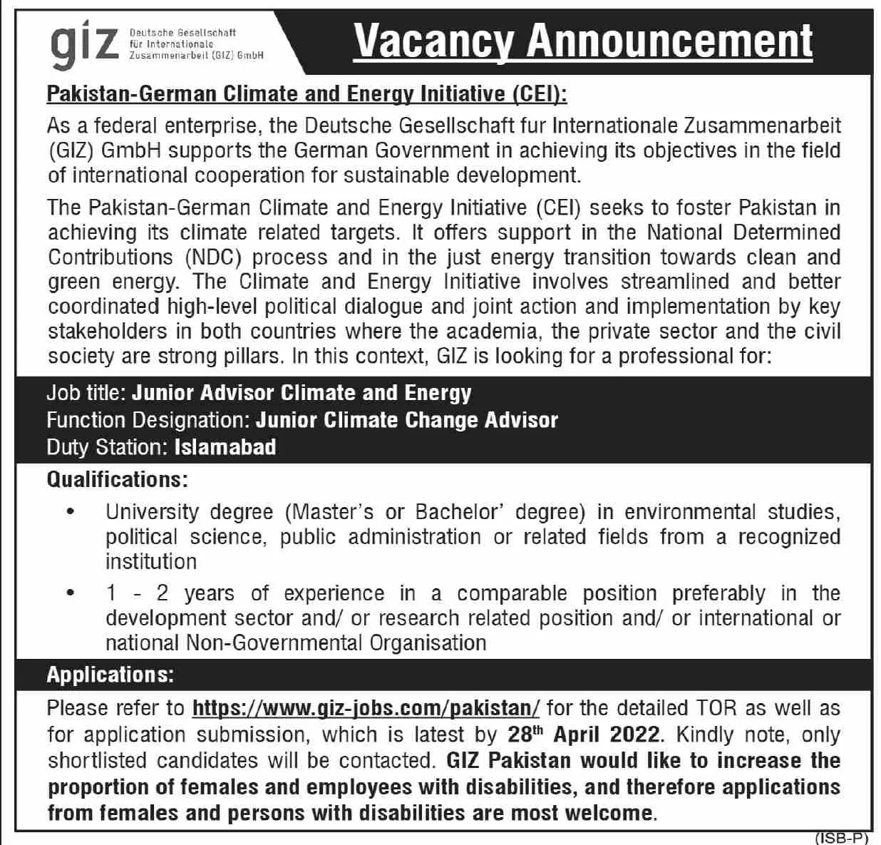 Germen NGO Giz Jobs – GIZ Deutsche Gesellschaft für Internationale Zusammenarbeit (GIZ) GmbH Jobs 2022 — original advertisement
