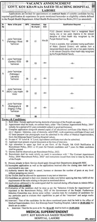 Jobs In Govt Teaching Hospital Kot Khawaja Saeed Lahore Jobs 2022 — original advertisement