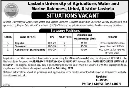 Lasbela University of Agriculture,Water & Marine Scienc Jobs – Lasbela University of Agriculture, Water & Marine Sciences (LUAWMS) Uthal Jobs 2022 — original advertisement