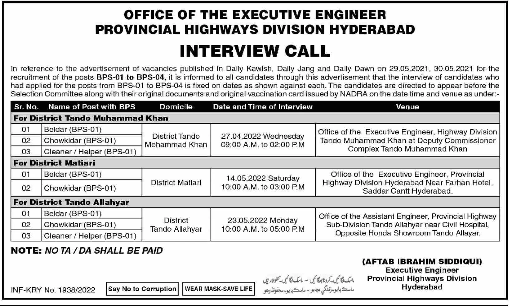 Interview In Provincial Highways Division Hyderabad – Govt of Sindh Jobs 2022 — original advertisement