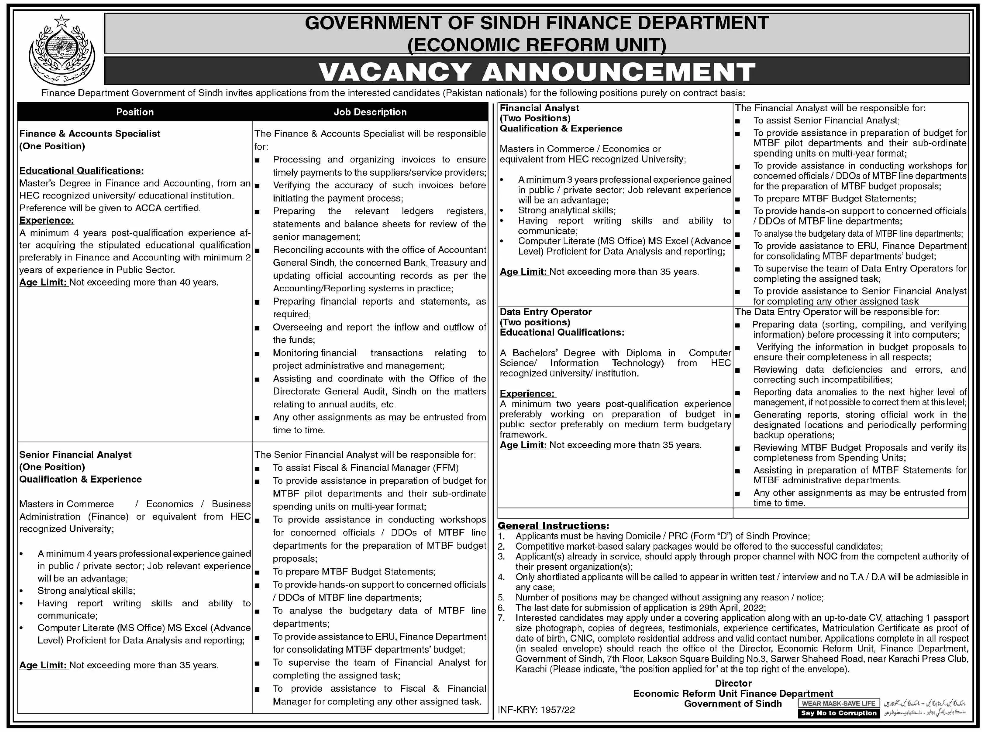 Jobs In Finance Department Govt of Sindh Jobs 2022 — original advertisement