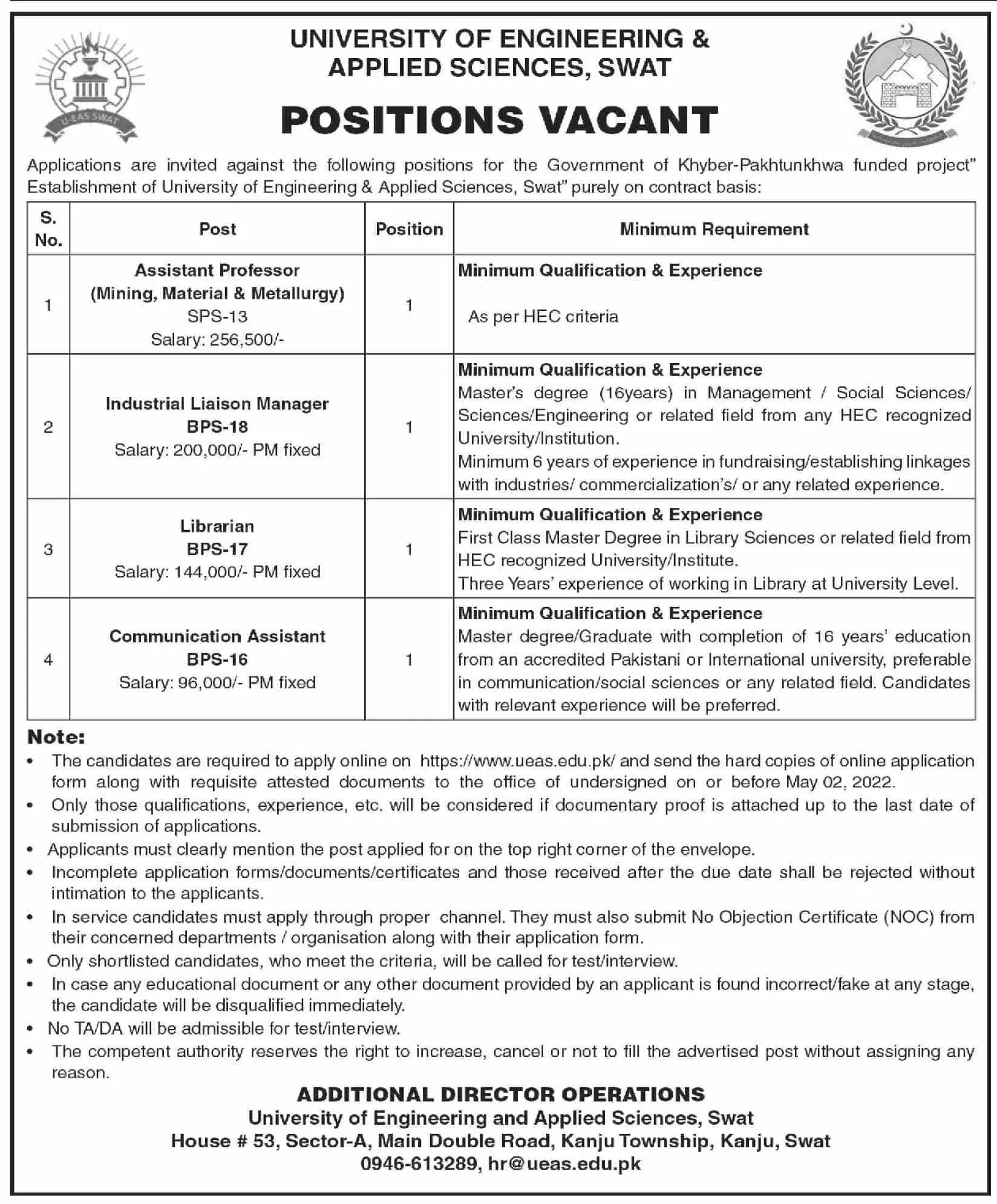 Jobs In University Of Engineering & Applied Sciences Swat Jobs 2022 — original advertisement