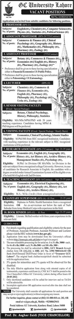 Jobs In GC University Lahore Punjab – Government College University Lahore Jobs 2022 — original advertisement