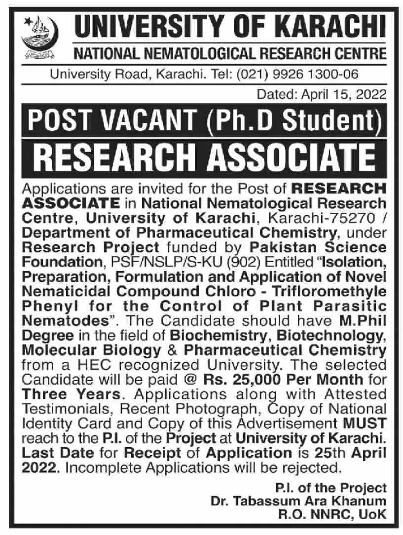 University of Karachi Jobs Jobs 2022 — original advertisement