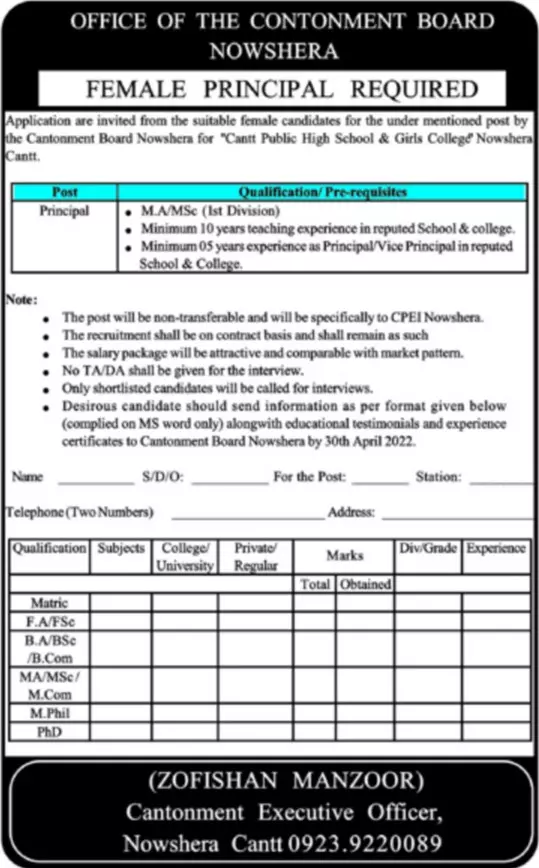 Jobs In cantonment board Nowshera Jobs 2022 — original advertisement