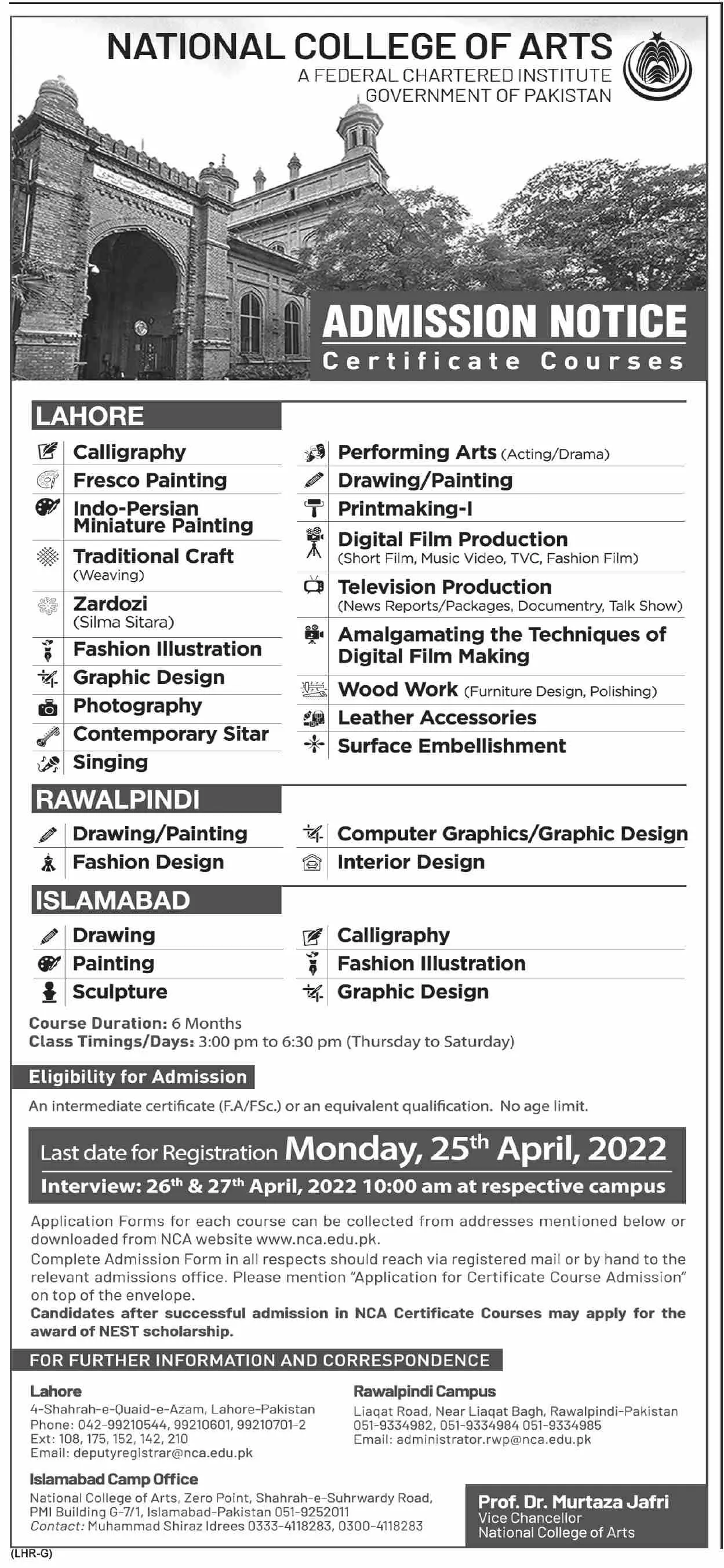 Admission In National College of Arts Lahore – National College of Arts, NCA Lahore Admissions 2022 — original advertisement