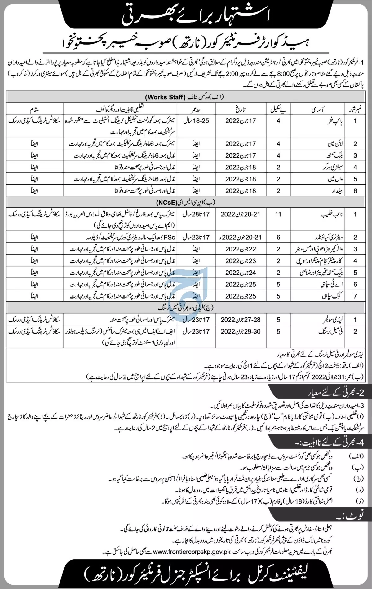 Jobs in Headquarters Frontier Corps North Khyber Pakhtunkhwa – Frontier Corps Kpk Jobs 2022 — original advertisement