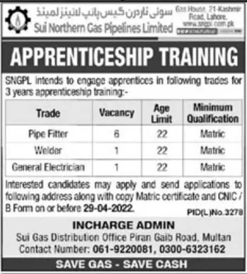 Jobs in Sui Northern Gas Pipelines Limited Jobs 2022 — original advertisement