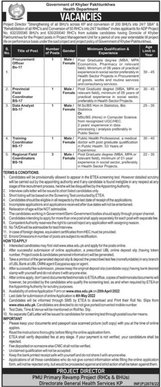 Jobs In Health Department Khyber pakhtunkhwa – Health Department KPK Jobs 2022 — original advertisement