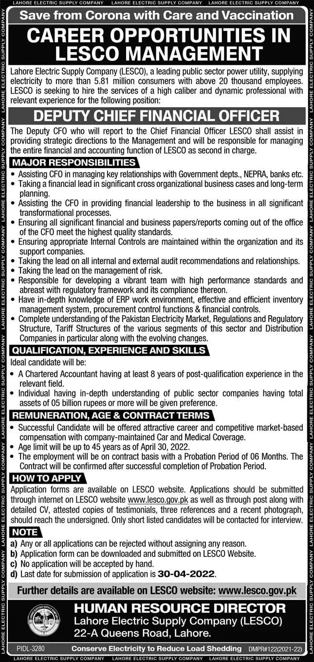 Lahore Electricity Supply Company LESCO Jobs – Lahore Electric Supply Company LESCO Lahore Jobs 2022 — original advertisement