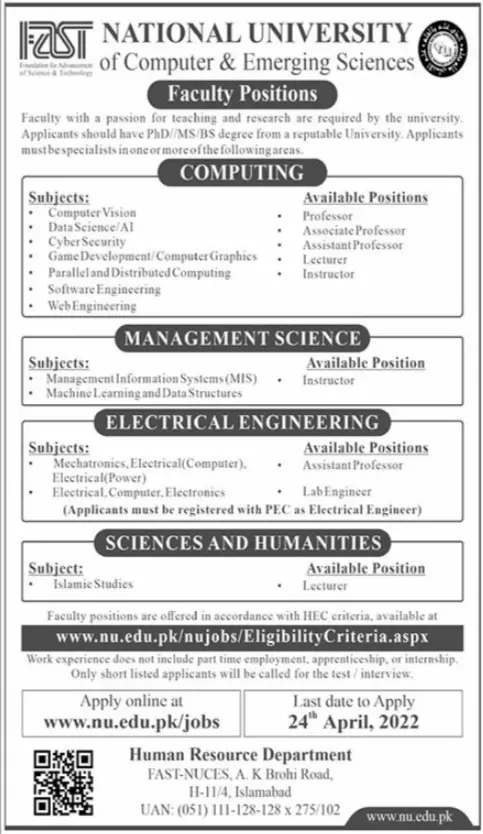 National University of Computer and Engineering science Jobs – FAST - National University of Computer & Emerging Sciences Jobs 2022 — original advertisement