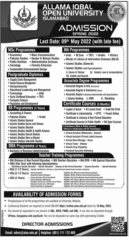 Admission In Allama Iqbal Open University Islamabad Admissions 2022 — original advertisement