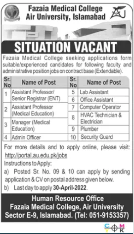 Jobs In Fazaia Medical College Air University Islamabad – Fazaia Schools & Colleges Jobs 2022 — original advertisement