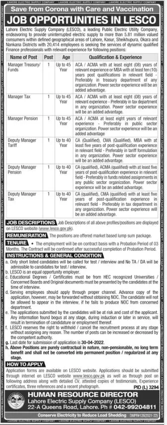 Jobs In Lahore Electricity Supply Company – Lahore Electric Supply Company LESCO Lahore Jobs 2022 — original advertisement