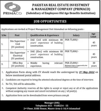 Pakistan Real Estate Investment and Management Company Jobs – Pakistan Real Estate Investment and Management Company Pvt Ltd (PRIMACO) Jobs 2022 — original advertisement