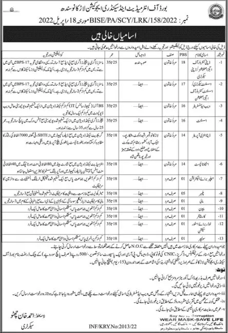Jobs In Board of Intermediate and Secondary Education Larkna – Board of Intermediate and Secondary Education Larkana Jobs 2022 — original advertisement
