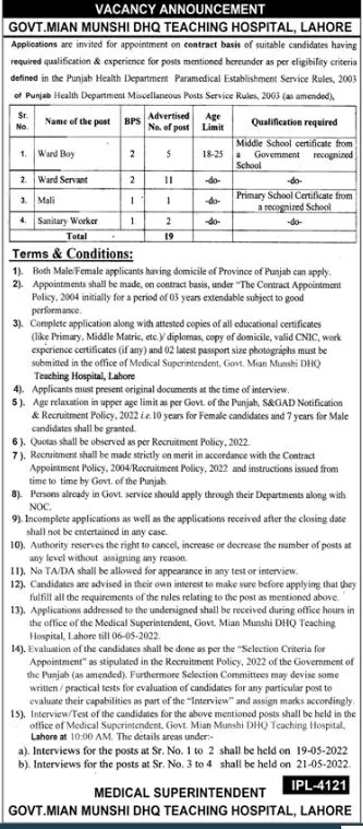 Govt Mian Munshi Dhq Teaching Hospital Jobs Lahore Jobs 2022 — original advertisement