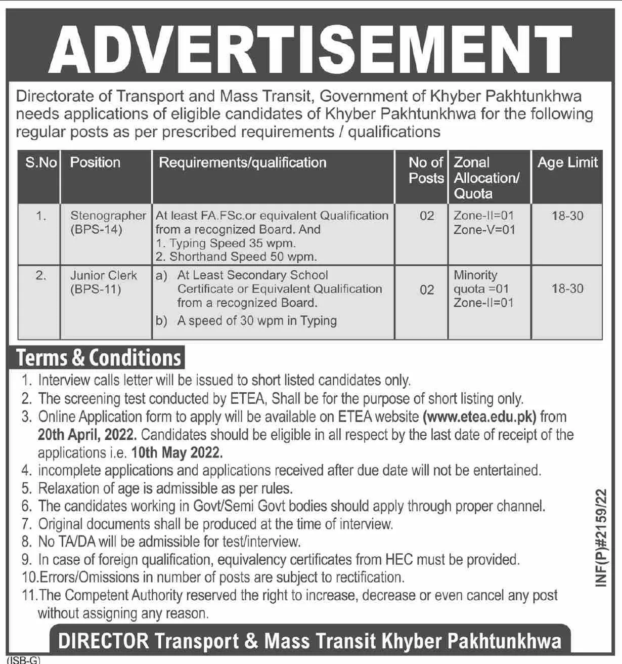 Directorate of Transport & Mass Transit KPK Jobs – Govt of Kpk Jobs 2022 — original advertisement
