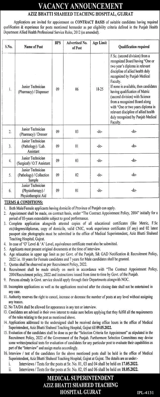 Jobs In Aziz Bhatti Shaheed Teaching Hospital Gujrat Jobs 2022 — original advertisement