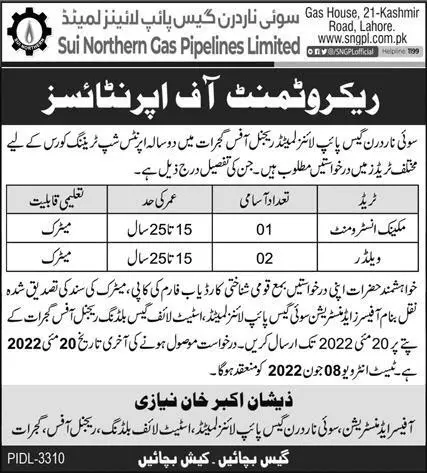 Jobs In Sui Northern Gas Pipelines Limited Lahore Jobs 2022 — original advertisement