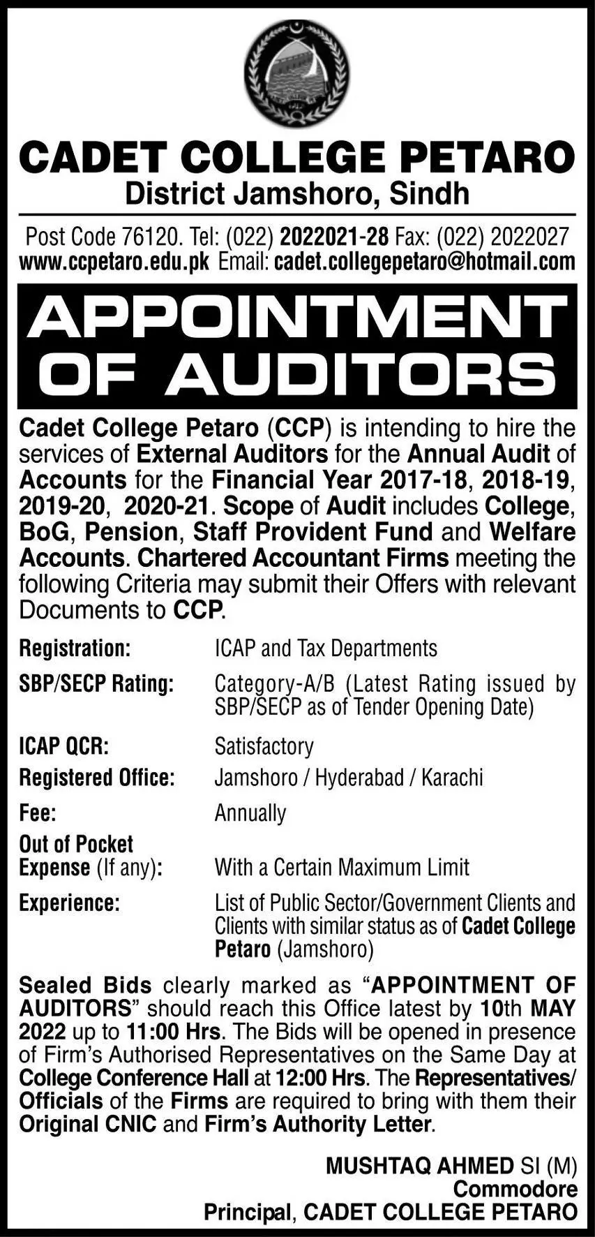Jobs In Cadet College Petaro Jobs 2022 — original advertisement