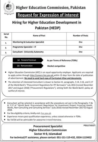 Jobs In Higher Education Commission Pakistan – Higher Education Commission Islamabad Jobs 2022 — original advertisement