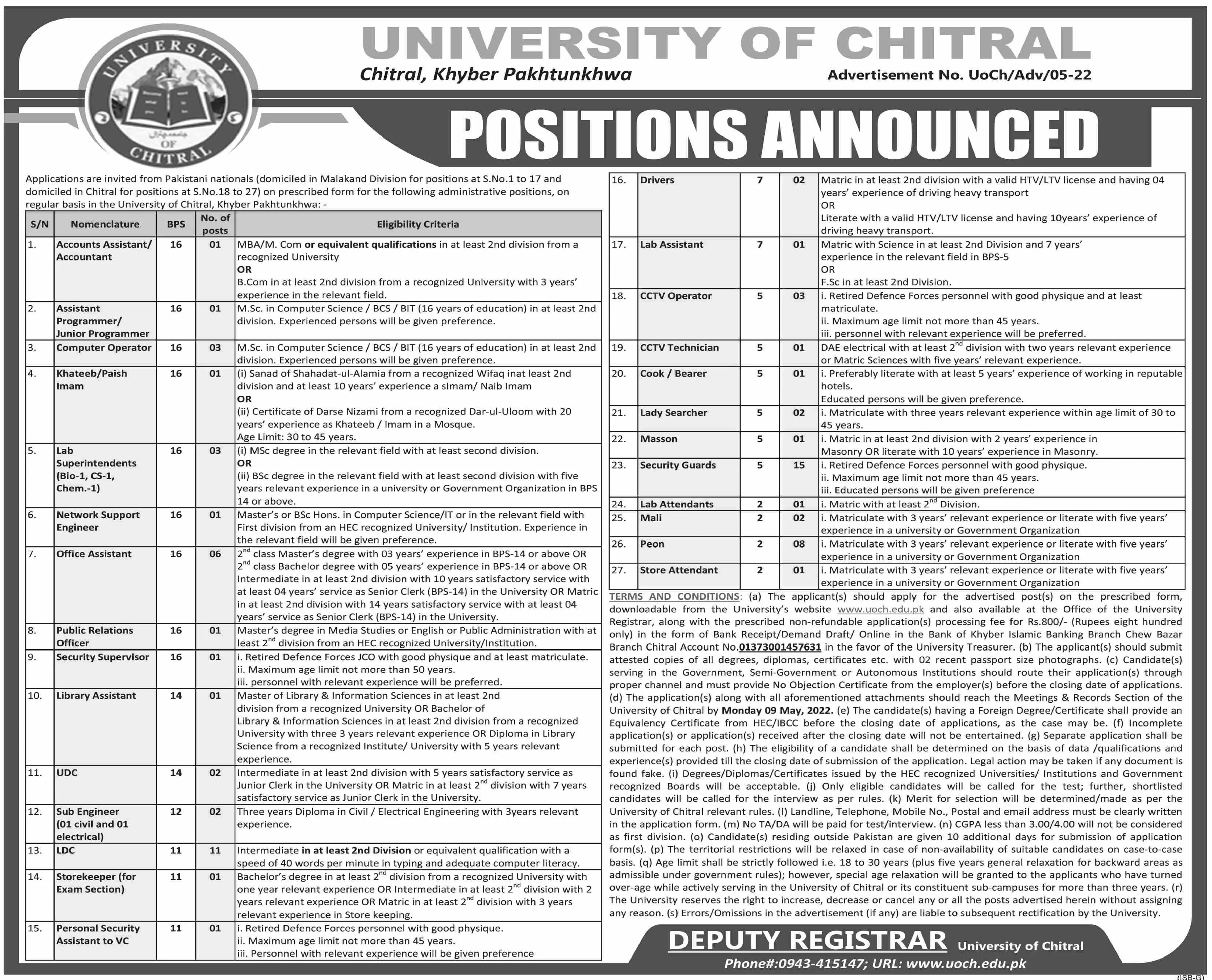 Jobs In University Of Chitral Khyber Pakhtunkhwa Jobs 2022 — original advertisement