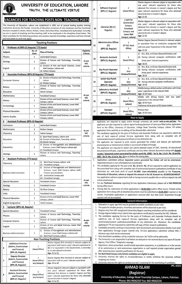 Jobs In University of  Education Lahore – University of Education, Lahore Jobs 2022 — original advertisement