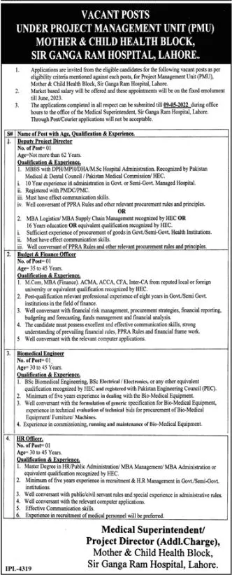 Jobs In Sir Ganga Ram Hospital Lahore Jobs 2022 — original advertisement