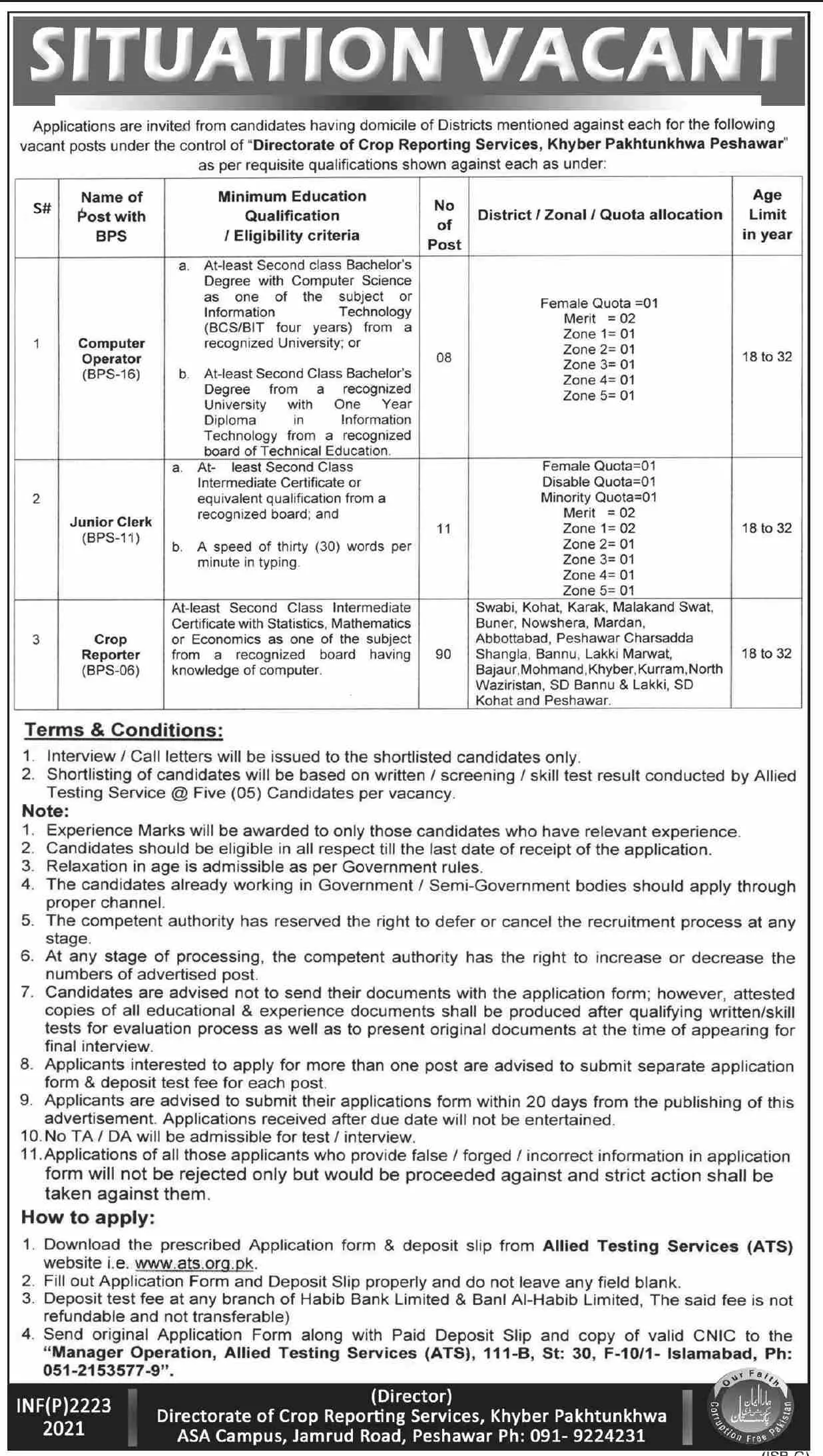 Jobs In Directorate of Crop Reporting Services KPK – Govt of Kpk Jobs 2022 — original advertisement