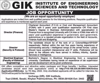 Jobs GIK Institute of Engineering and Technology Sawabi – Ghulam Ishaq Khan GIK Institute of Engineering Sciences and Technology Swabi Jobs 2022 — original advertisement