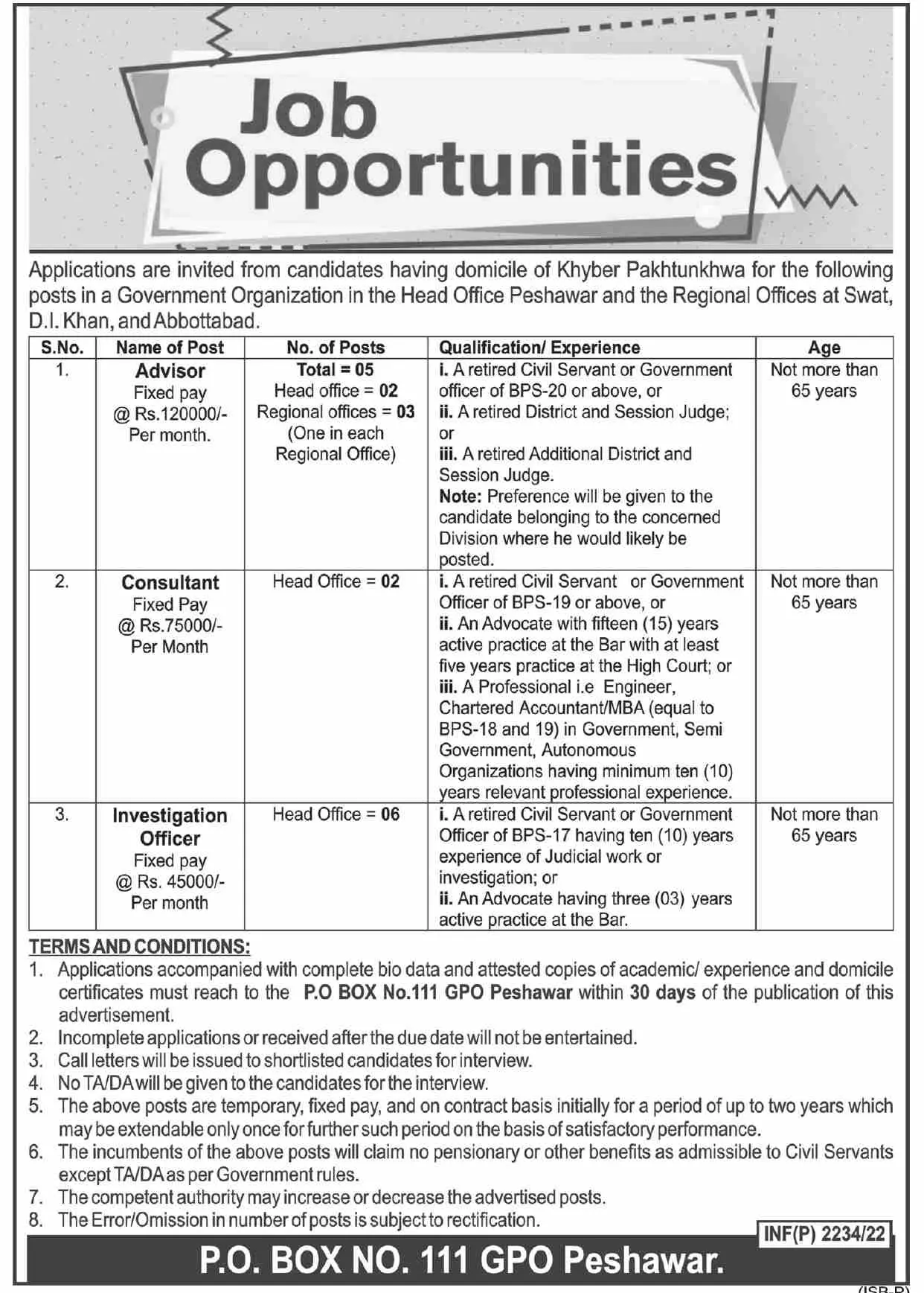 Jobs In Public sector Organization Khyber Pakhtunkhwa – Govt of Kpk Jobs 2022 — original advertisement