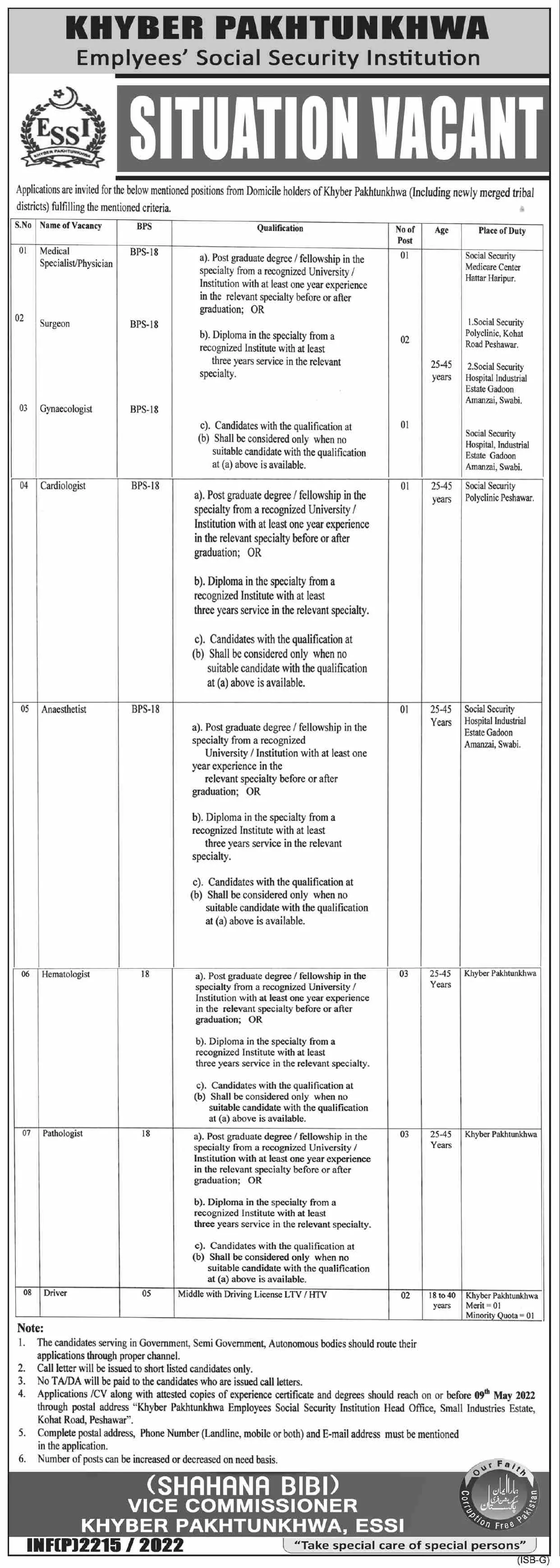 Social Security Institute Khyber Pakhtunkhwa Jobs – Employees Social Security Institution KPK Jobs 2022 — original advertisement