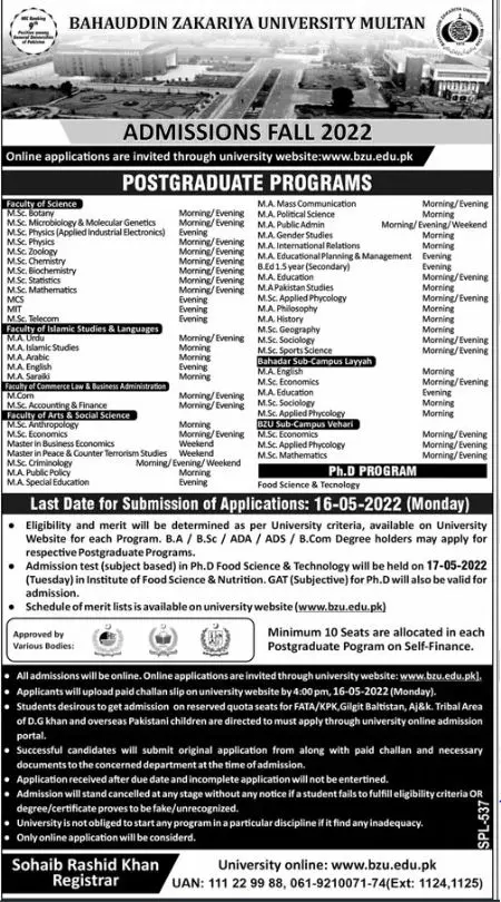 Admissions In  Bahauddin Zakariya University Multan Admissions 2022 — original advertisement