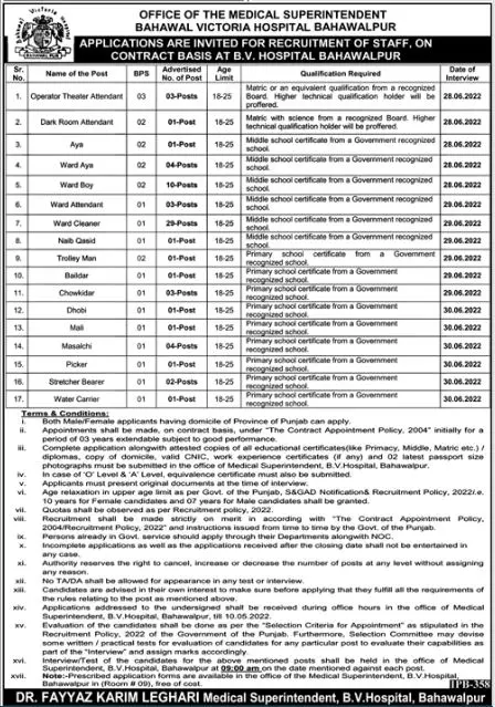 Jobs In Bahawal Victoria Hospital, Bahawalpur Jobs 2022 — original advertisement