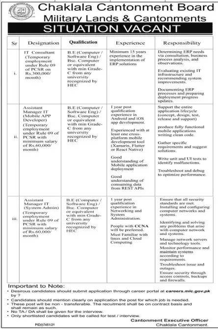 Jobs In Chaklala Cantonment Board Jobs 2022 — original advertisement