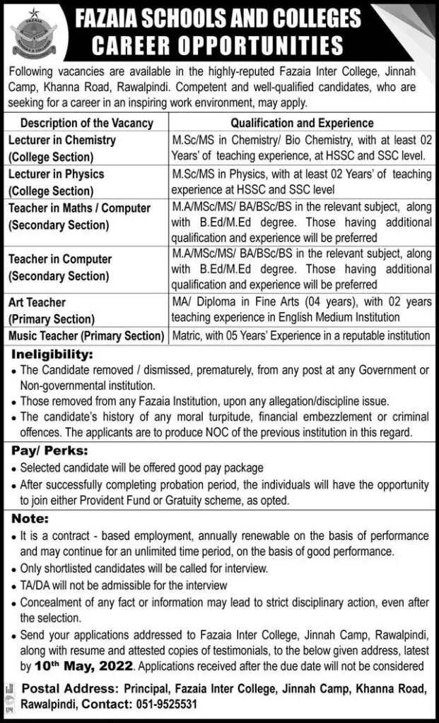 Jobs In Fazaia School & College Rawalpindi – Fazaia Schools & Colleges Jobs 2022 — original advertisement