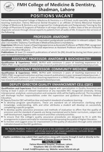 Jobs In FMH college of medicine n dentistry lahore Jobs 2022 — original advertisement