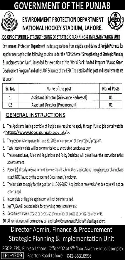 Jobs In National Hockey Stadium Lahore – Environment Protection Department Punjab Jobs 2022 — original advertisement