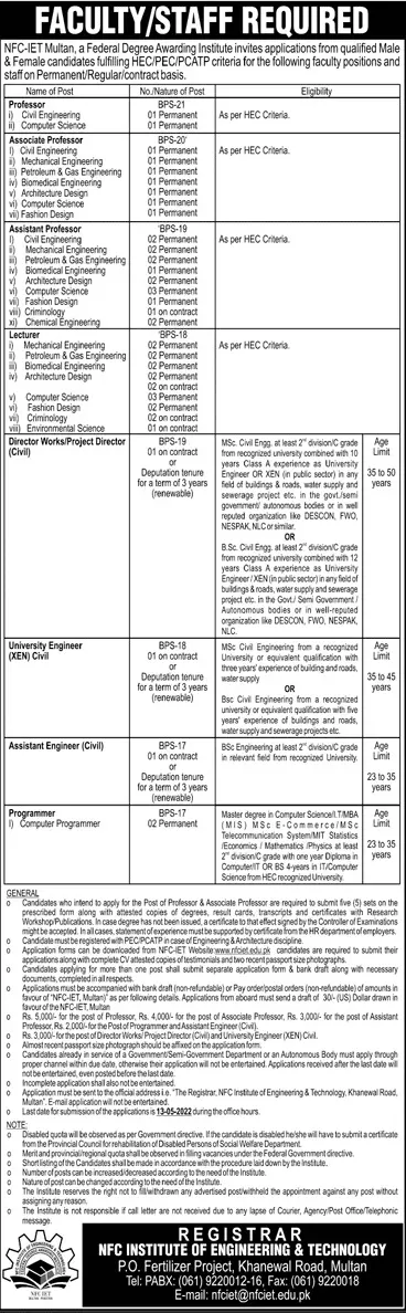 NFC Institute of Engineering & Technology Multan Jobs Jobs 2022 — original advertisement